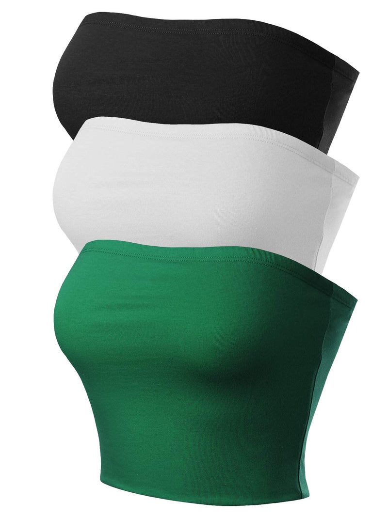 MixMatchy Women's Strapless Tube Tops Basic Bandeau Crop Sleeveless Backless Casual Sexy Going Out Summer 2025 3PACK - Black/White/Green S